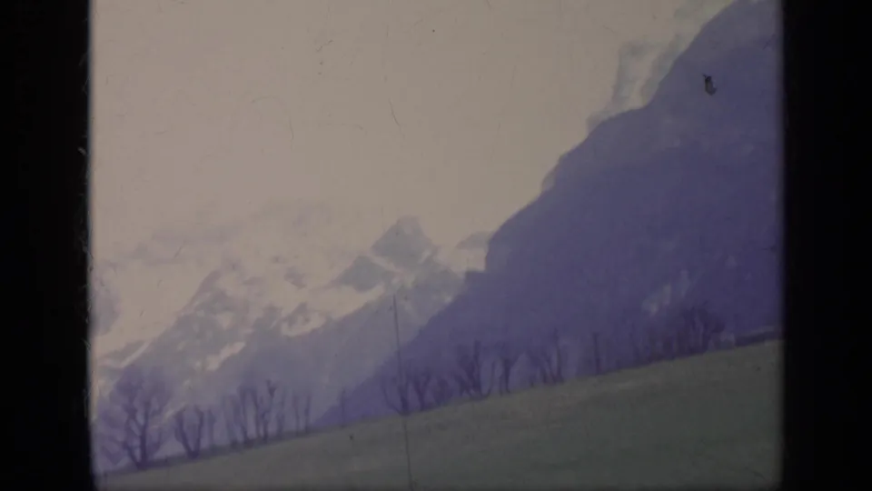 1962 Italy landscape frame with distant snowy peaks, a green hillside, and a line of bare trees under a hazy sky.