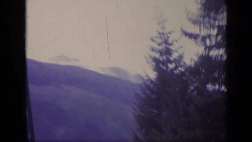 Final 1962 Italy home-movie frame with a dark evergreen at right, purple mountain slopes, and washed-out snowy peaks in haze.