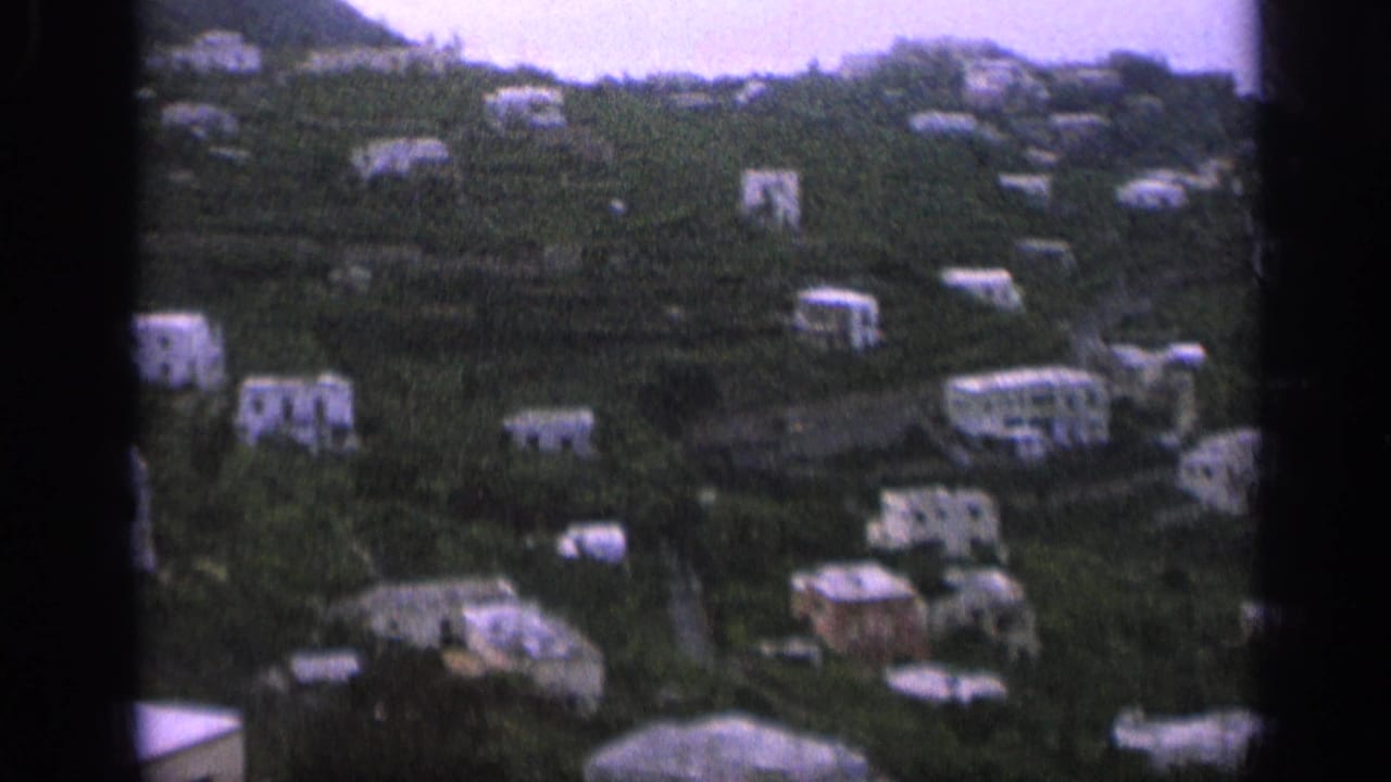 Hillside with scattered pale houses among dark vegetation.