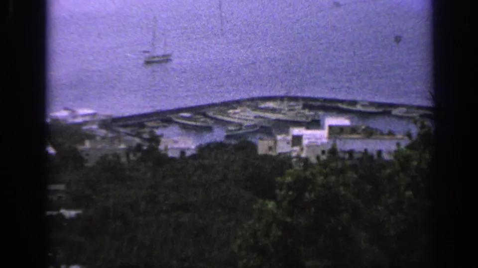 1962 Italy coastal view with a harbor below, small boats on the water, and dark hillside foliage in the foreground.