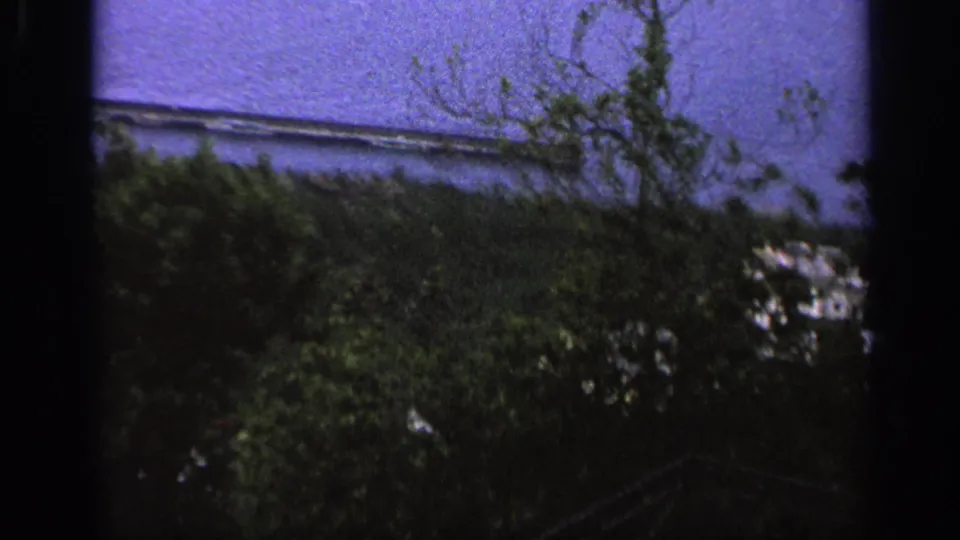 Italian home-movie view of shoreline buildings and calm water, partially blocked by garden foliage and dark frame edges.