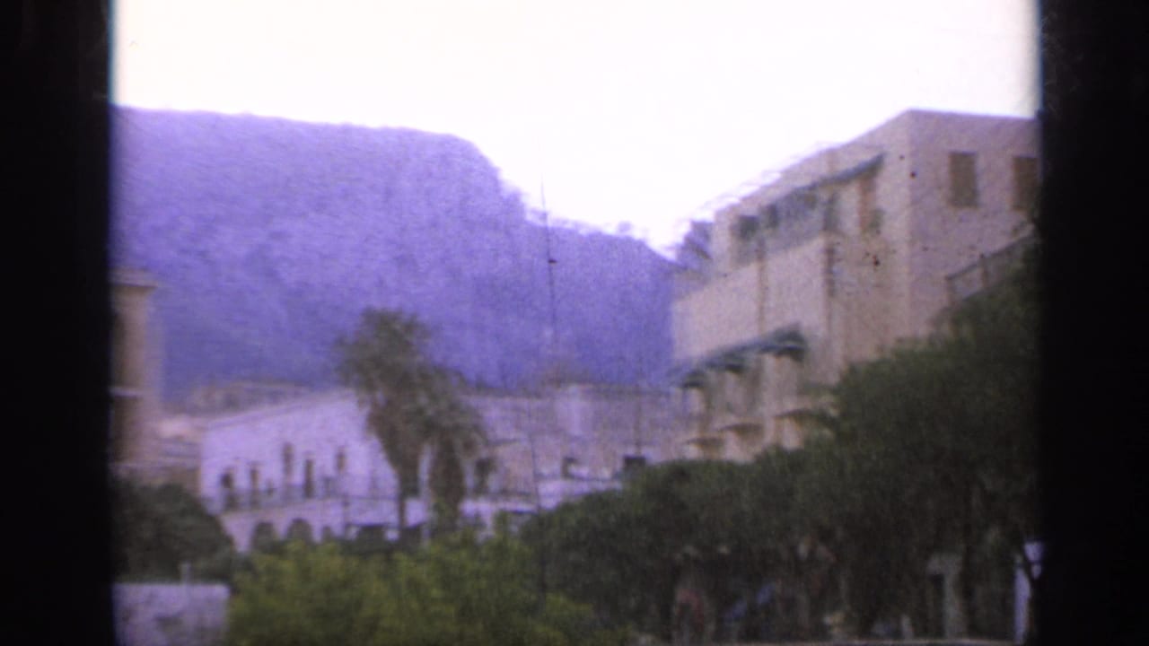 Pale buildings, palm trees, and steep mountains seen through an 8mm frame.