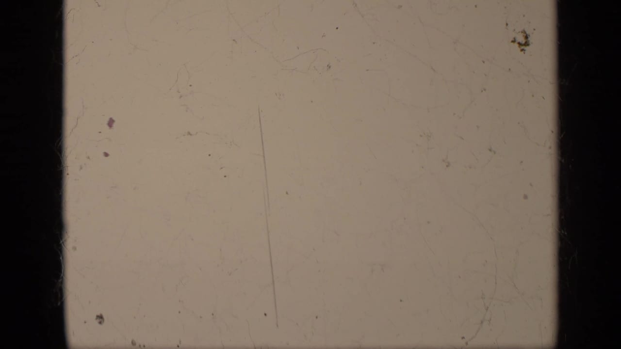 Mostly pale exposed film frame with scratches and dark gate borders.