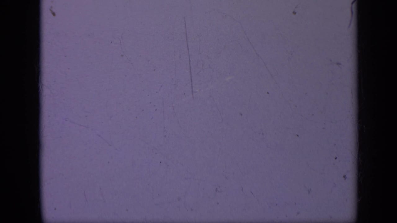 Blank purple-tinted 8mm frame with dark film borders, dust, and scratches.