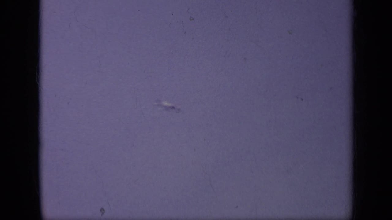 Small airplane silhouette crossing a pale purple sky with visible film grain.