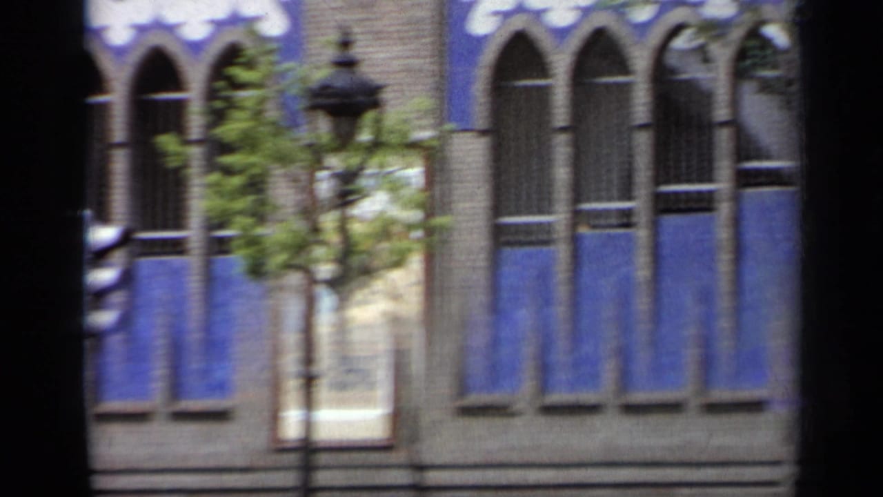 Blue-and-white decorated brick facade seen through dark vertical foreground bars during a street pan.
