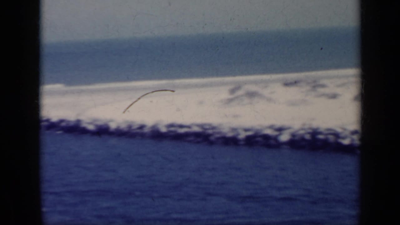 Coastal water and rocky breakwater with a distant pale shoreline.