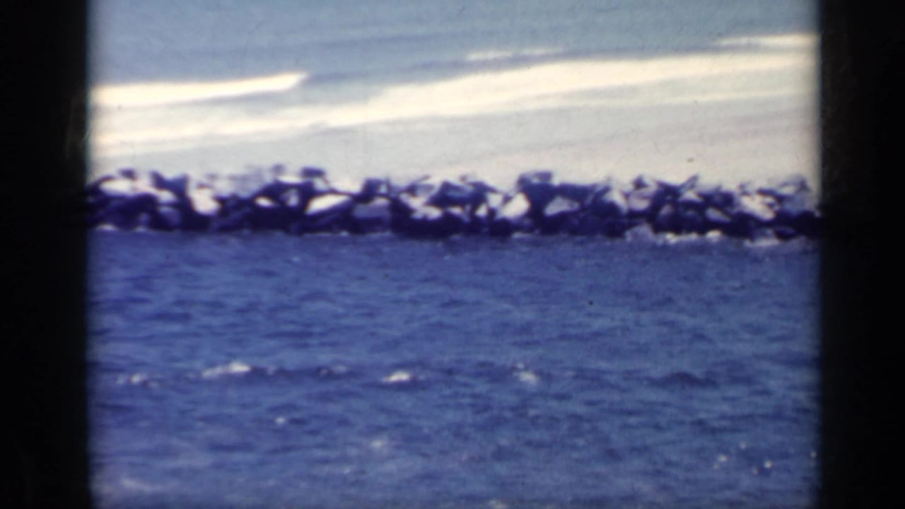 1962 Italian coastal frame showing a rocky breakwater with pale surf and blue water in soft 8mm color.