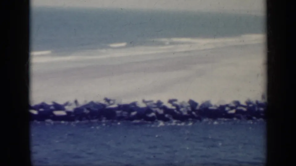 1962 Italian coastal frame showing blue water in front of a rocky breakwater and pale surf beyond.