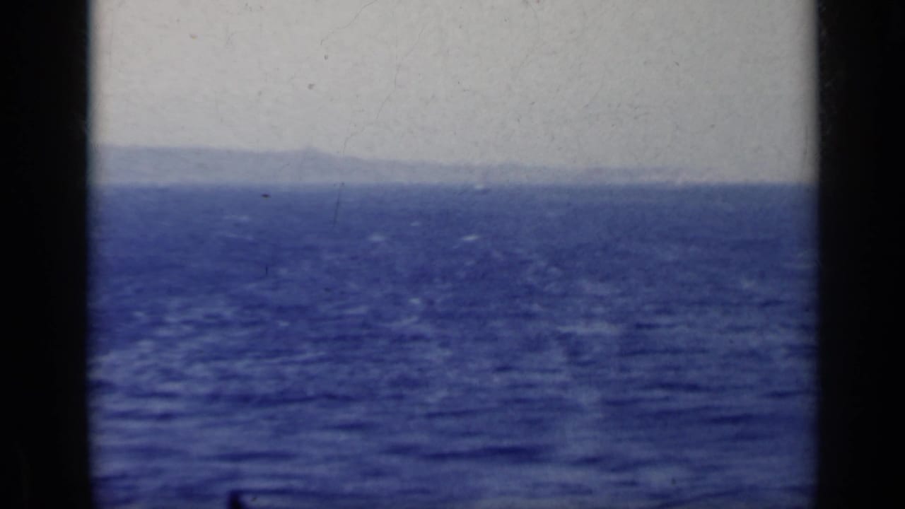 Blue sea and pale sky seen through dark vertical window bars.