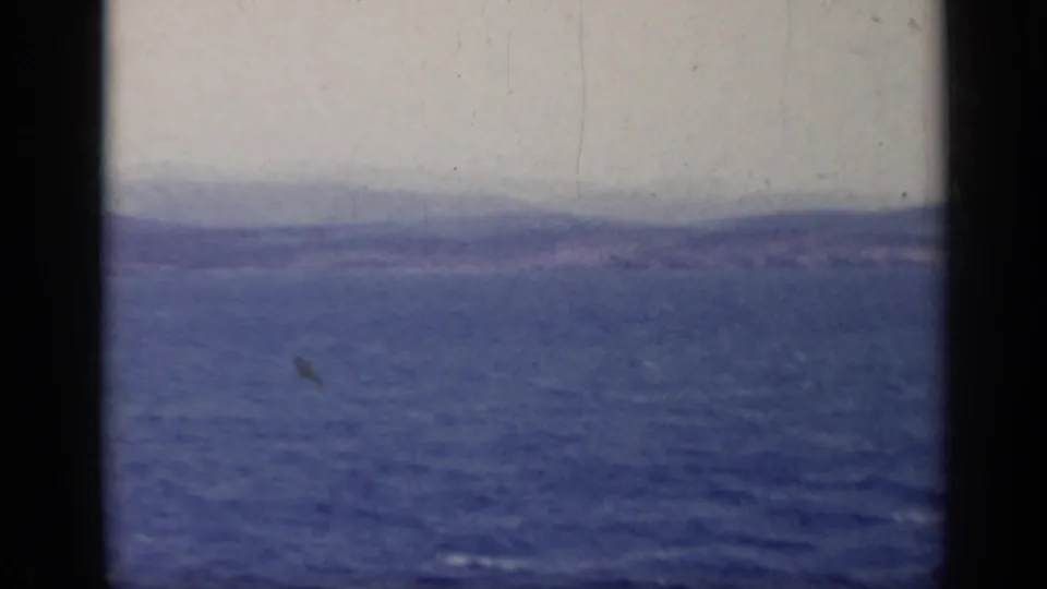 1962 Italy 8mm frame showing open sea and a faint horizon, with dark gate edges and soft home-movie exposure.