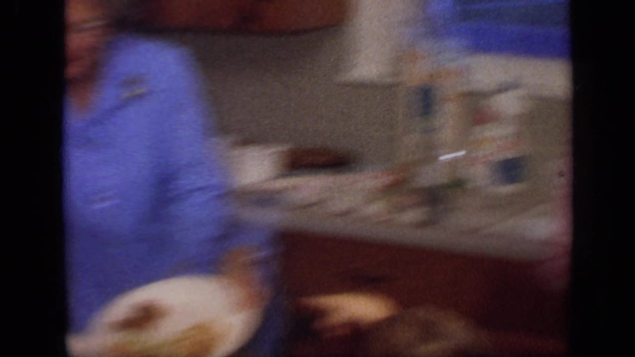 Motion-blurred 8mm frame of a California kitchen with an older woman, countertop items, and food on plates.
