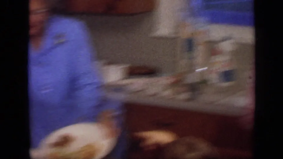 Motion-blurred 8mm frame of a California kitchen with an older woman, countertop items, and food on plates.