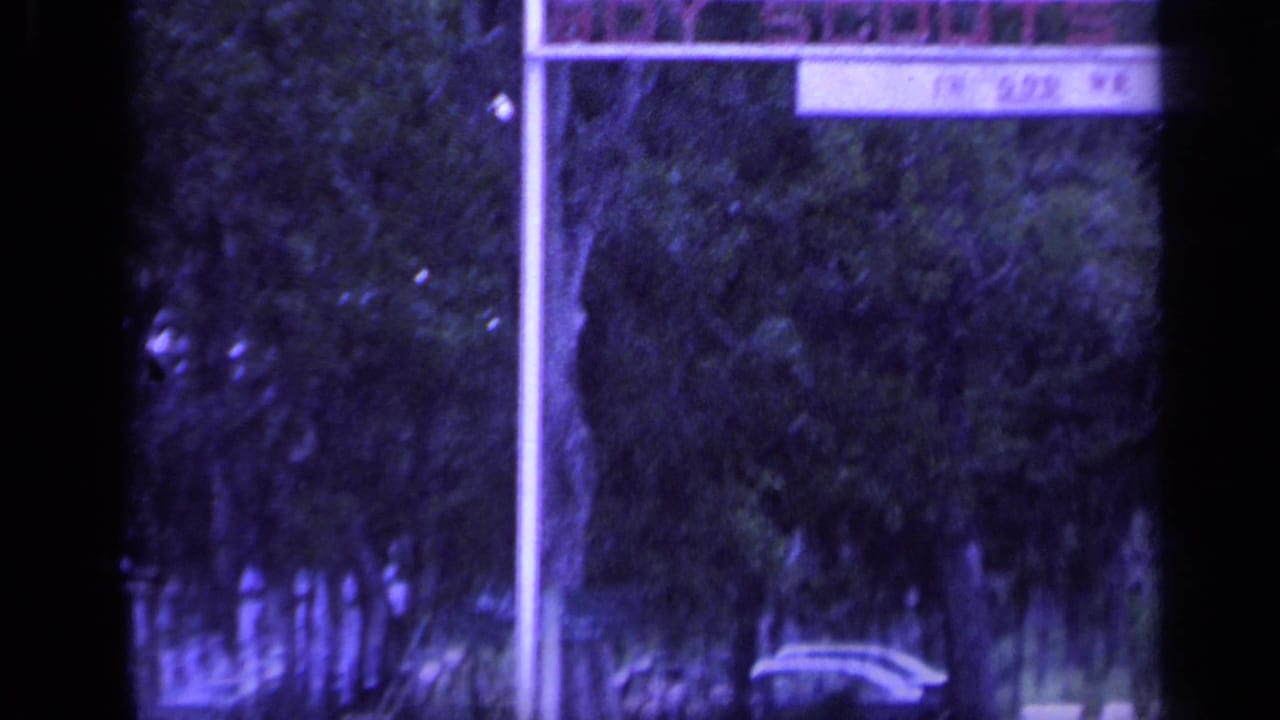 Roadside camp sign post and trees with a parked vehicle partly visible.
