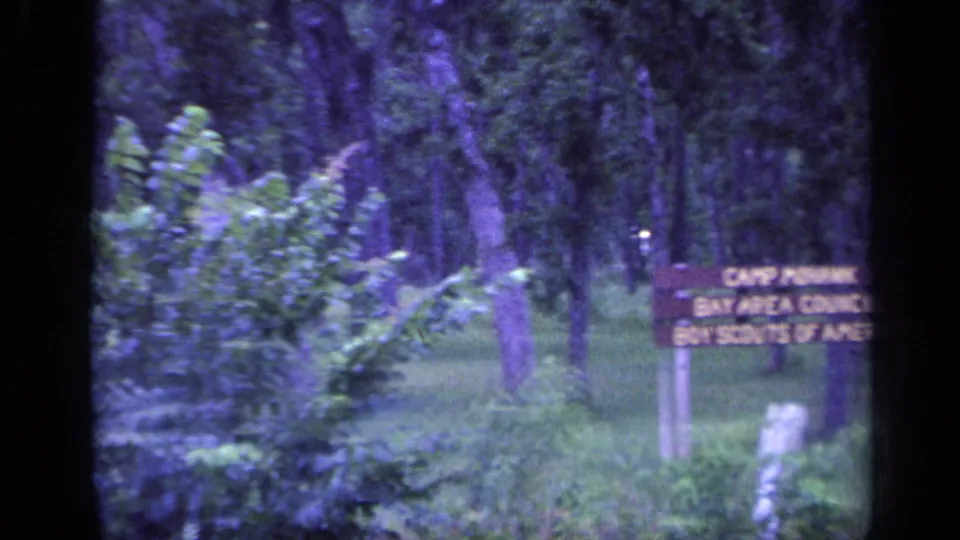 Wooden Boy Scouts camp-area sign in a tree-filled Florida park, with cabins or recreational structures beyond the grass.