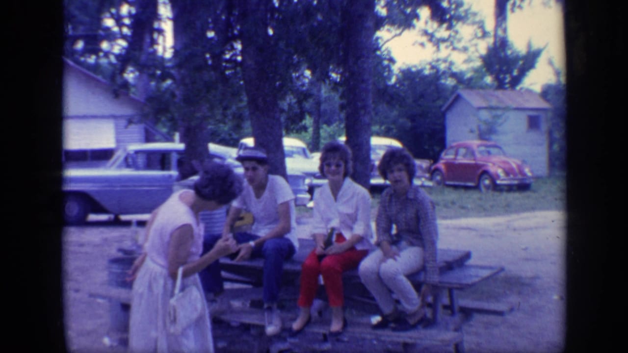 Adults sit at a picnic table while a woman stands nearby, with cars and trees behind them.