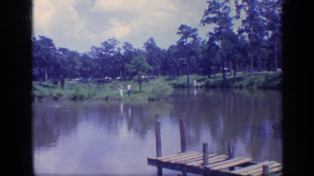 Calm pond with a wooden dock in the foreground and pine trees across the water.