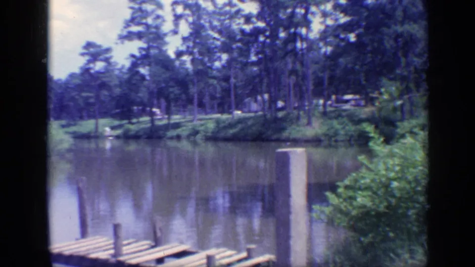 1968 Florida home-movie frame showing a still pond, partial wooden dock, shoreline vegetation, pine trees, and small distant people.