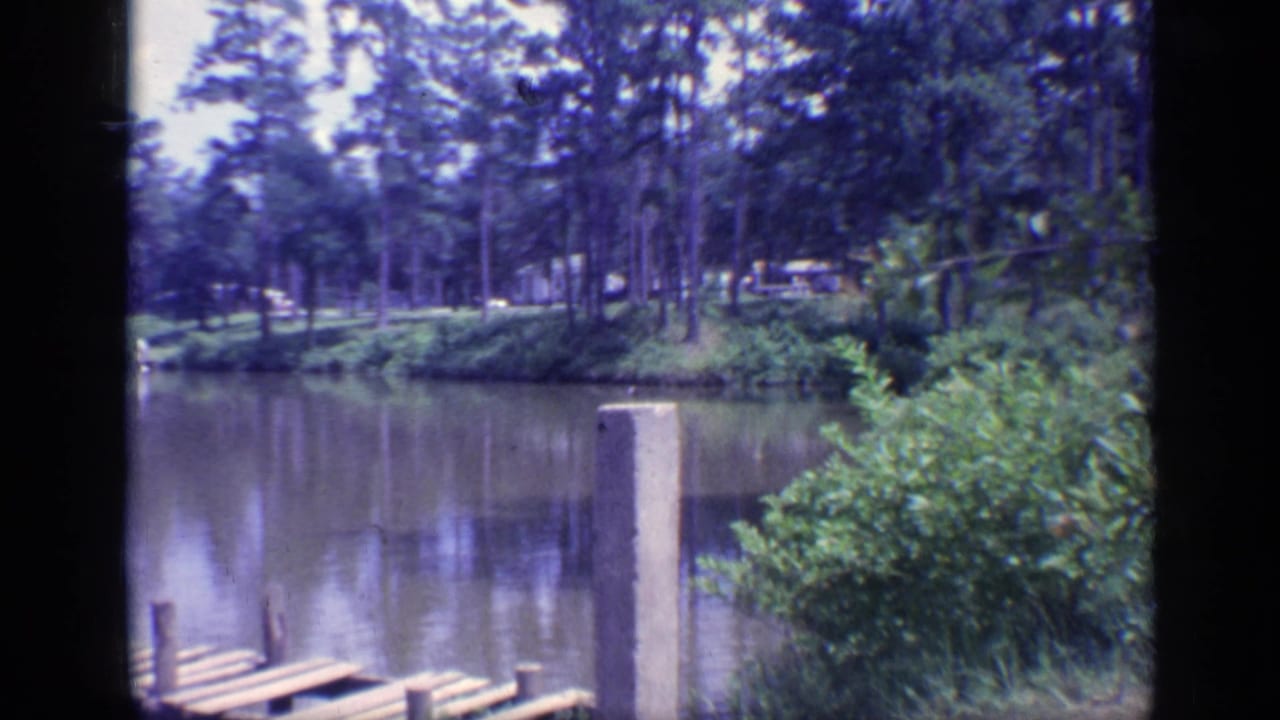 Calm lake bordered by trees with dock boards and a concrete post in the foreground.