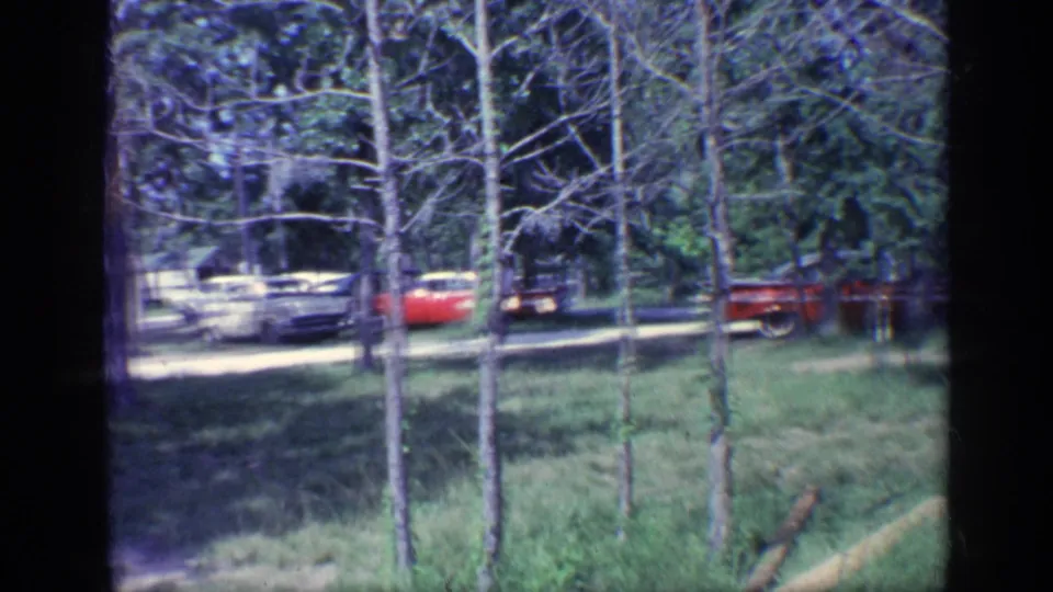 1968 Florida campground view through foreground saplings, with parked cars, grass, trees, and shaded open ground.