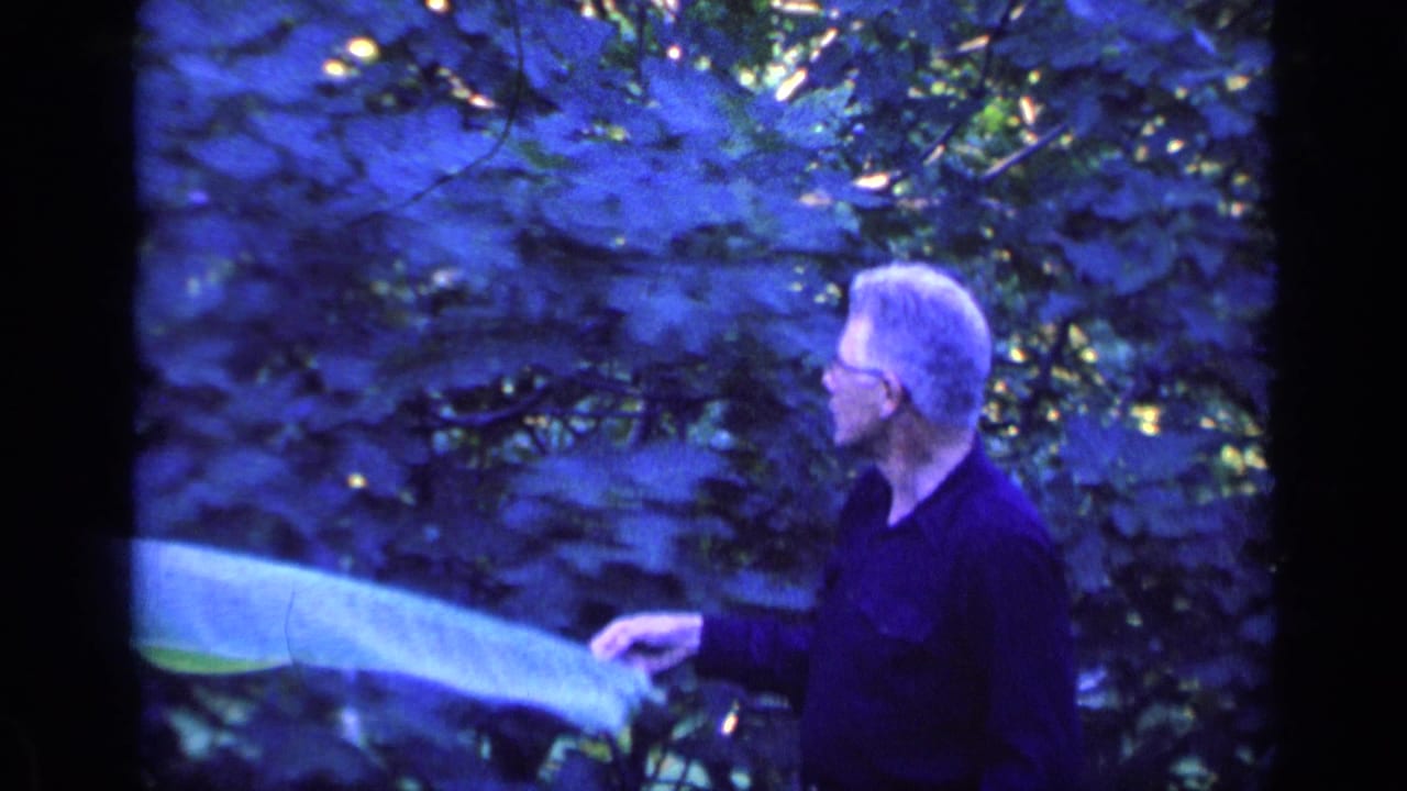 In 1968 Florida home-movie footage, a gray-haired man with glasses stands among leafy branches and reaches toward the tree.