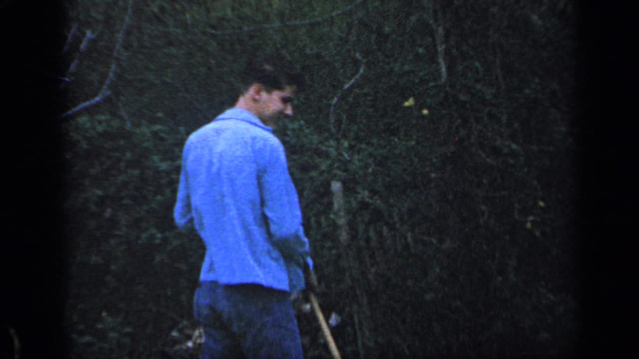 Man in a blue shirt walks through dense greenery holding a lawn tool.
