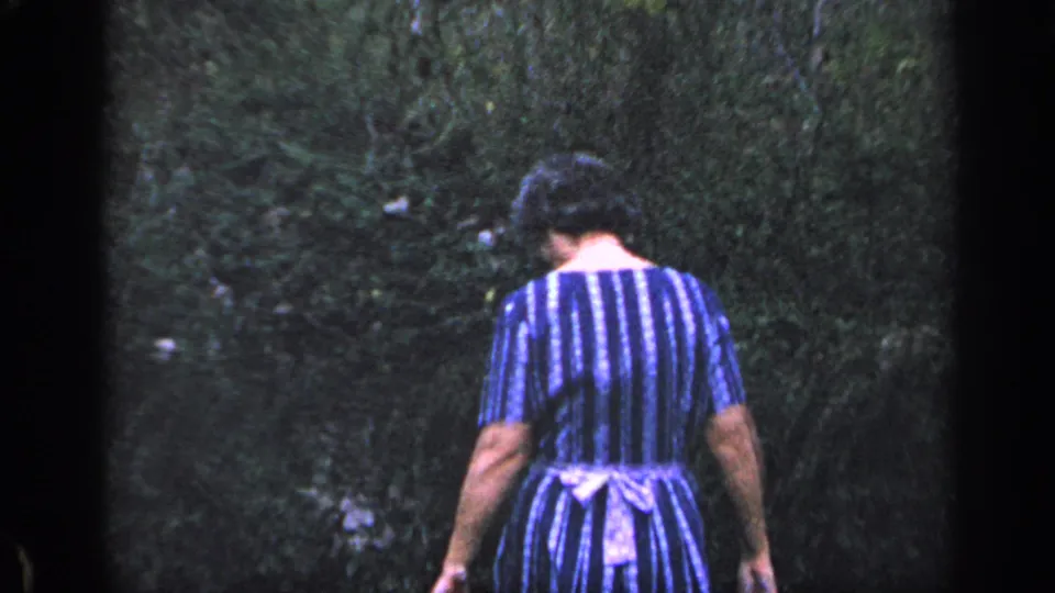 The woman continues away from the camera through a shaded garden area, her striped dress and pale waist tie visible.