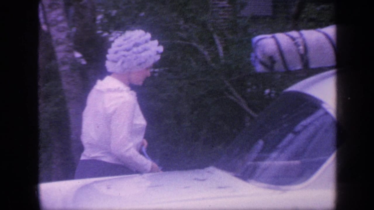 Woman in a white blouse and hair bonnet standing beside a white car under trees.
