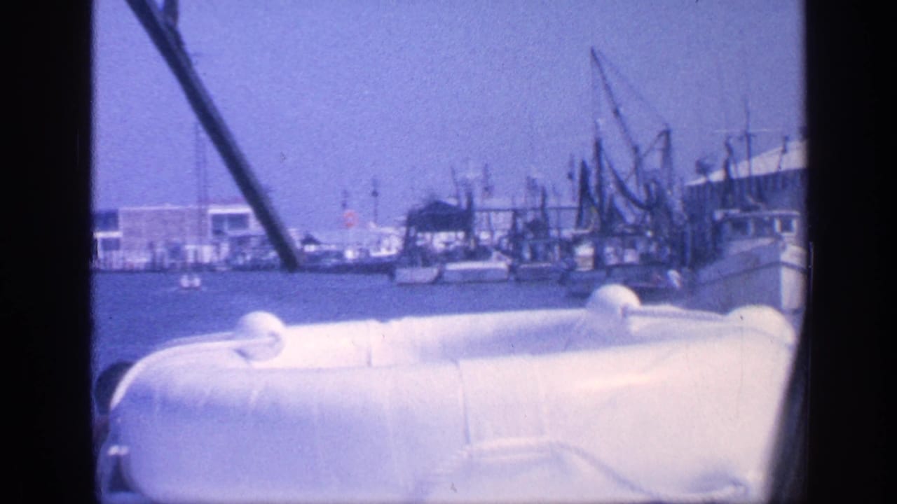White boat fixture in the foreground with a Florida industrial waterfront and cranes across the water.
