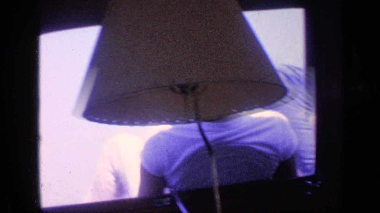 A large lampshade obscures part of a man in a white T-shirt near bright windows.