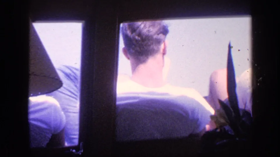 1968 Florida 8mm frame showing males from behind at a window panel, with dark plant leaves and a lampshade along the edges.