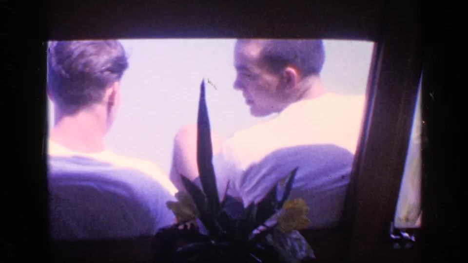 1968 Florida 8mm frame showing two young men seated by a bright window, viewed mostly from behind, with a plant in front.