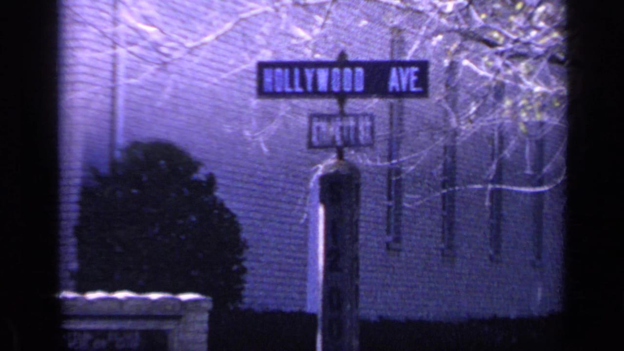 Hollywood Ave street sign above a cross-street sign near a brick building and bare branches.