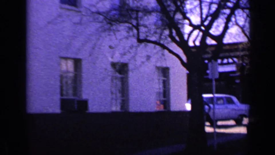 1968 Florida street frame with a white house, bare tree, street sign, and a small parked car partly visible near the curb.