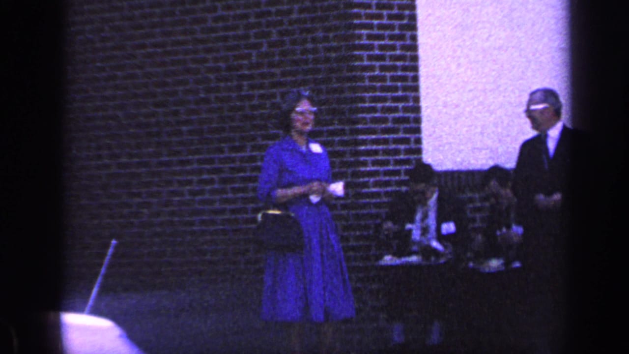 Woman in a blue dress and glasses stands near a brick wall holding a purse.