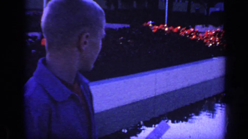 A young boy in profile stands beside the water feature, his face and jacket dimly lit in blue with red flowers behind him.