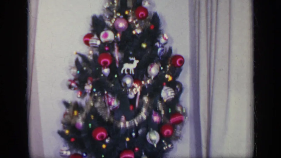 A small decorated Christmas tree stands indoors with red ornaments, tinsel, and a white reindeer ornament visible.