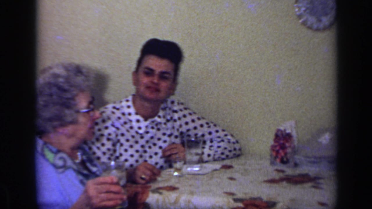 Older woman and younger person seated at a dining table with glasses and a floral tablecloth.