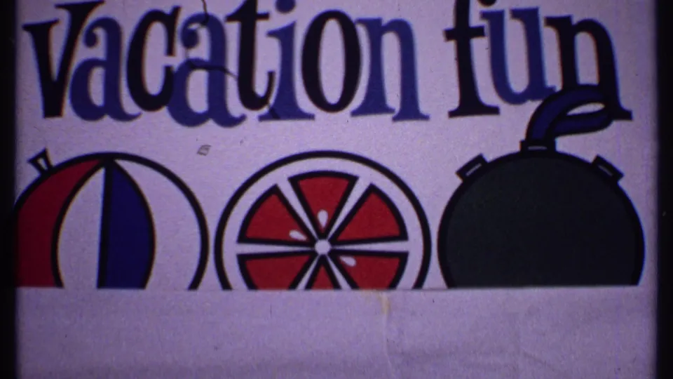 1969 Bahamas travel-related frame showing the top of a folded printed advertisement with "Vacation fun" text and colorful graphic icons.