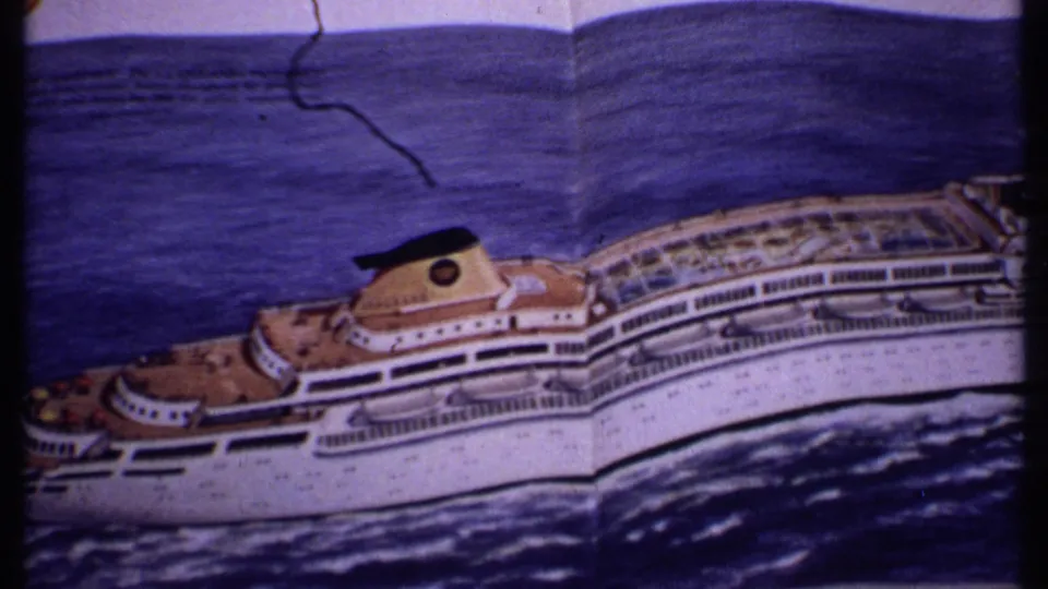 1969 Bahamas home-movie frame showing a folded magazine page with an illustrated cruise ship sailing across blue water.