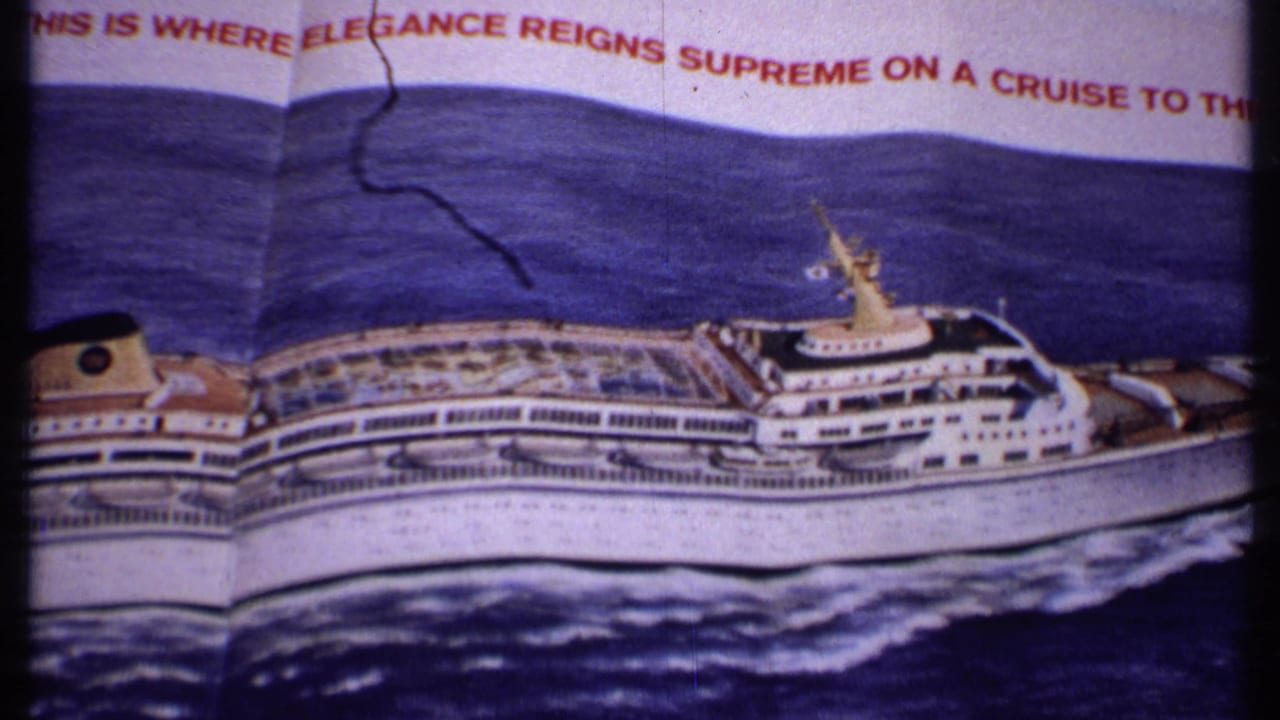 Printed white cruise ship on blue ocean with red headline text above.
