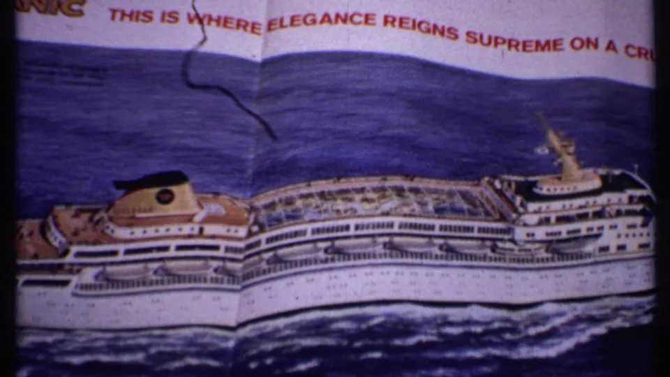 A printed mid-century cruise ship illustration appears on blue water, with partial red text and film-frame shadowing visible.