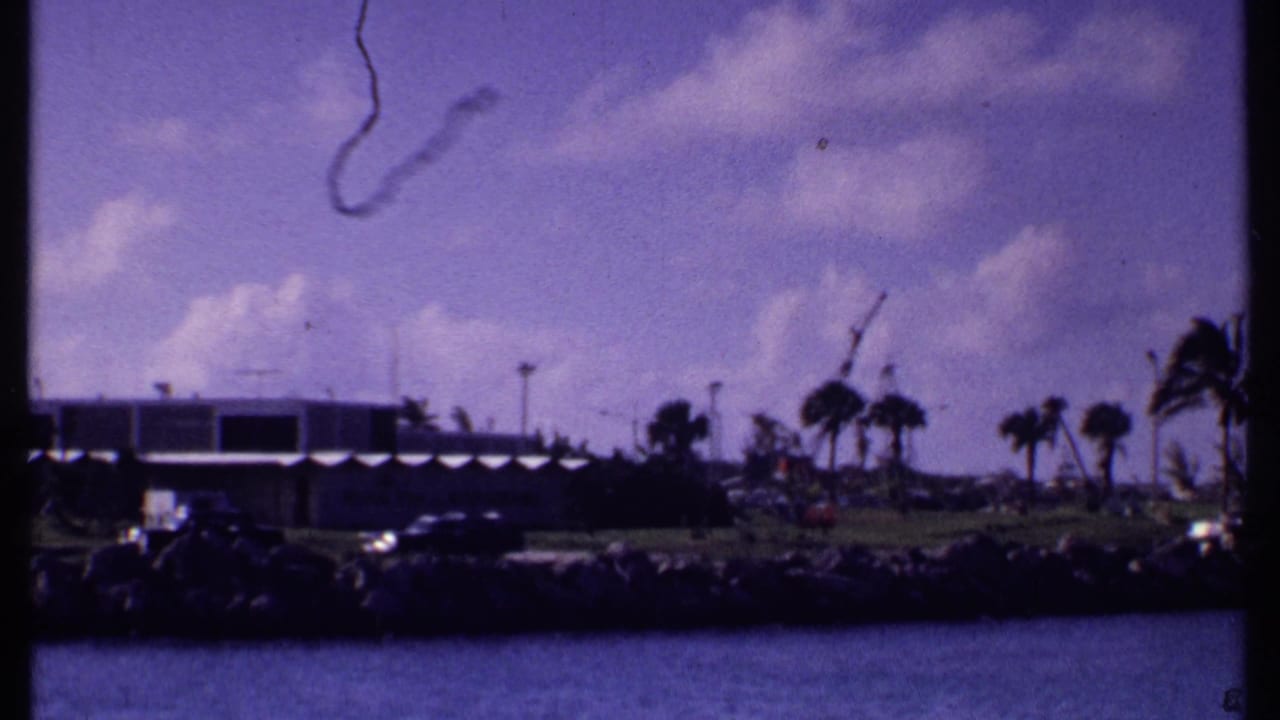 Boat-side view across water toward a low building, rocky shoreline, palm trees, cars, and clouds.