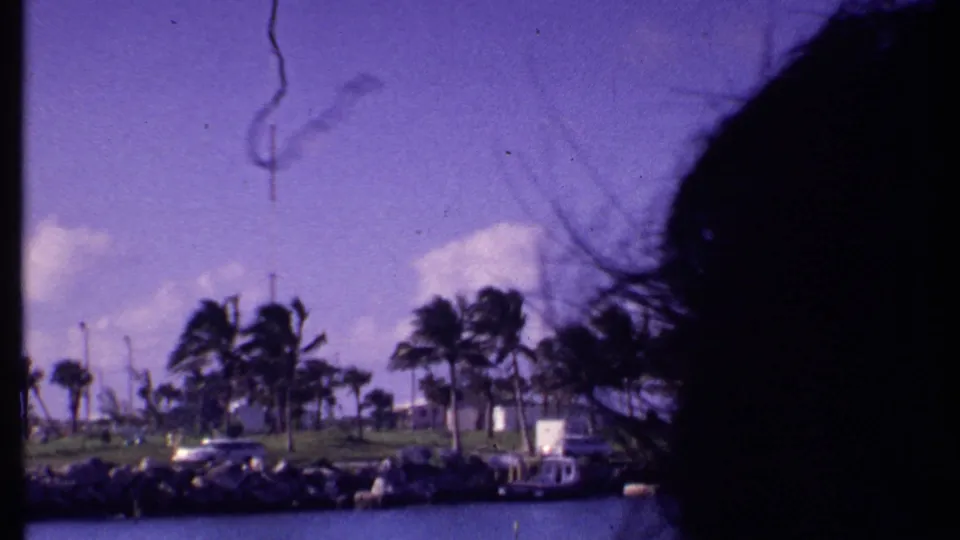1969 Bahamas 8mm frame with a dark boat-edge silhouette framing palms, roadside cars, rocks, a small boat, and water.