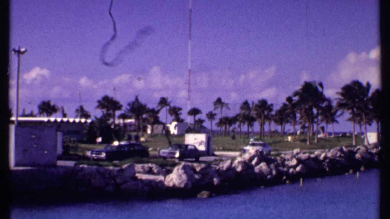 Bahamas shoreline in 1969 showing palms, low waterfront buildings, parked cars, a tall antenna, rocks, and calm water.
