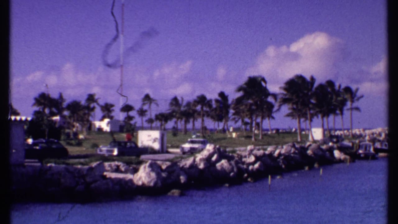 1969 Bahamas inlet scene with rocky shoreline, palm trees, small waterfront structures, parked cars, and saturated blue sky.