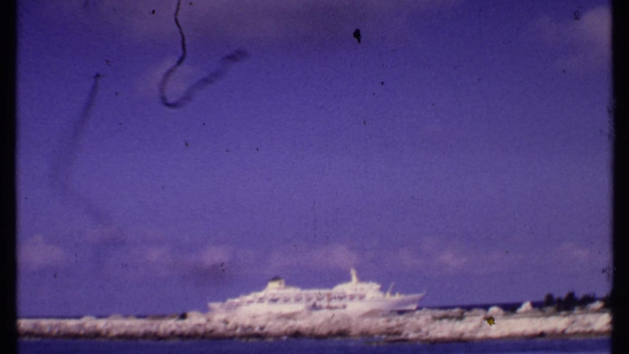 The 8mm frame holds on the cruise ship and breakwater from a shore viewpoint, with soft focus, violet color shift, and visible surface scratches.
