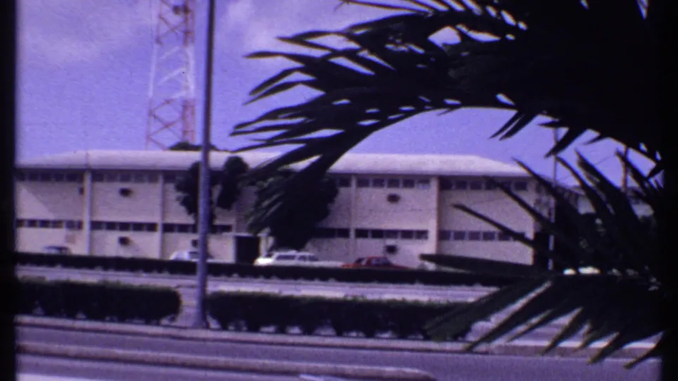 1969 Bahamas street scene with a low pale building, foreground palm leaves, roadside hedge, poles, cars, and a tall tower.