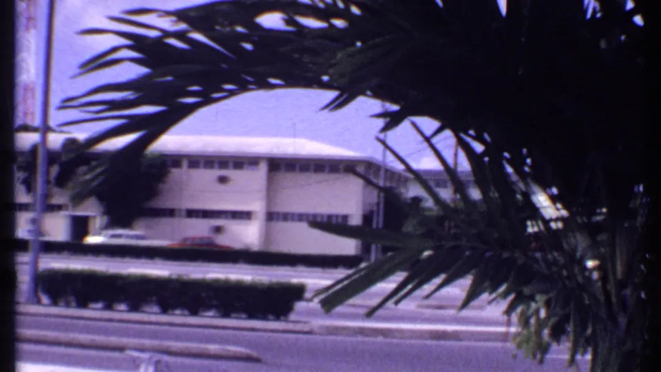 1969 Bahamas 8mm frame of a roadside building partly obscured by dark palm fronds, with street lanes and a red car visible.