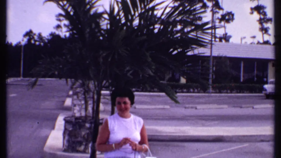 Bahamas 1969 frame with the seated woman partly below palm fronds, a stone planter, pavement, and low roadside buildings in view.